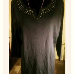 Karen Scott Tunic. Dark Blue. Large. NWT 3/4 Sleeve. Stretch. Rhinestone Collar